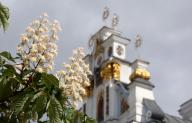 KYIV, UKRAINE - MAY 11, 2024 - A chestnut tree in bloom is pictured outside St Michael’s Golden-Domed Cathedral, Kyiv, capital of Ukraine., Credit:Volodymyr Tarasov / Avalon