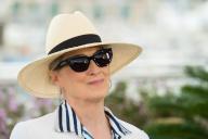 Meryl Streep poses at the Photocall for the Palme D’or D’honneur - Meryl Streep during the 77th Festival de Cannes on Tuesday 14 May 2024 at Le Palais des festivals, Cannes. Meryl wore a straw hat over a white suit with silver high heeled shoes 