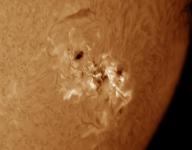 London, UK. 11th May, 2024. Solar telescope hydrogen alpha filtered image of massive and complex sunspot 3664 which has been the source of aurora seen throughout the UK and parts of Northern Europe after it erupted CMEs towards Earth over a day ago.