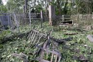 KHARKIV, UKRAINE - MAY 19, 2024 - A local cemetery is damaged by Russian shelling, Kharkiv, northeastern Ukraine., Credit:Vyacheslav Madiyevskyy / Avalon