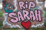 Graffiti artists have left RIP artwork for Sarah Everard in Clapham Common, Clapham, London, England, UK on Tuesday 16 March, 2021 who disappeared and whose body was found in Kent. Wayne Couzens, a Metropolitan Firearms Police Officer, was charged 
