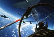 An air-to-air view of a KC-135A Stratotanker aircraft preparing to refuel an F-15 Eagle aircraft from the 18th Tactical Fighter Wing as seen from the cockpit of the F-15. The aircraft are flying from Kadena Air Base Okinawa Japan to Tyndall Air ...