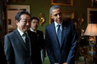 President Barack Obama and Prime Minister Yoshihiko Noda of Japan wait in the Green Room of the White House before the start of their press conference in the East Room, April 30, 2012.