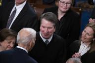 UNITED STATES - FEBRUARY 7: President Joe Biden greets Supreme Court Justices Brett Kavanaugh, center, Amy Coney Barrett, right, and Elena Kagan, left, before Biden delivered the State of the Union address in the House Chamber of the U.S. Capitol on Tuesday, February 7, 2023. (Tom Williams/CQ Roll Call