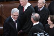 UNITED STATES - FEBRUARY 7: From left, Attorney General Merrick Garland, former Supreme Court Justice Anthony Kennedy, Chief Justice John Roberts, former Justice Stephen Breyer, and Justice Elena Kagan, arrive for President Joe Bidenâs State of the Union address in the House Chamber of the U.S. Capitol on Tuesday, February 7, 2023. (Tom Williams/CQ Roll Call