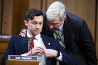 UNITED STATES - MARCH 1: Sens. Jon Ossoff, D-Ga., and Sheldon Whitehouse, D-R.I., are seen as Attorney General Merrick Garland testified during the Senate Judiciary Committee hearing titled âOversight of the Department of Justice,â in Hart Building on Wednesday, March 1, 2023. (Tom Williams/CQ Roll Call