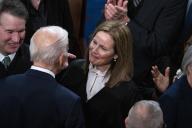 UNITED STATES - FEBRUARY 7: President Joe Biden greets Supreme Court Justices Amy Coney Barrett and Brett Kavanaugh, left, before Biden delivered the State of the Union address in the House Chamber of the U.S. Capitol on Tuesday, February 7, 2023. (Tom Williams/CQ Roll Call