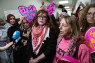 UNITED STATES - FEBRUARY 15: Susan Sarandon, actor and activist, addresses the media with Medea Benjamin, right, of Code Pink, to call for a ceasefire in Gaza, before meeting with Rep. Rashida Tlaib, D-Mich., in Rayburn Building on Thursday, February 15, 2024. (Tom Williams/CQ Roll Call