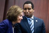 UNITED STATES - MARCH 21: Rep. Joe Neguse, D-Colo., and former Speaker Nancy Pelosi, D-Calif., attend a news conference to mark the 14th anniversary of the Affordable Care Act passage, in the U.S. Capitol on Thursday, March 21, 2024. (Tom Williams/CQ Roll Call