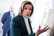 UNITED STATES - APRIL 20: Rep. Nancy Pelosi, D-Calif., talks with reporters outside the U.S. Capitol after the House passed the foreign aid package on Saturday, April 20, 2024. (Tom Williams/CQ Roll Call