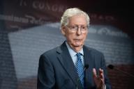 UNITED STATES - APRIL 23: Senate Minority Leader Mitch McConnell, R-Ky., conducts a news conference in the U.S. Capitol after the Senate passed procedural votes on the House passed foreign aid package on Tuesday, April 23, 2024. (Tom Williams\/CQ Roll Call