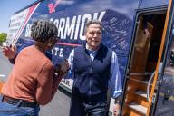 UNITED STATES - APRIL 25: Dave McCormick, Republican U.S. Senate candidate from Pennsylvania, talks with a voter after a campaign rally at Beerded Goat Brewery in Harrisburg, Pa., on Thursday, April 25, 2024. (Tom Williams\/CQ Roll Call