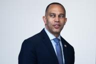 UNITED STATES - MAY 1: House Minority Leader Hakeem Jeffries, D-N.Y., arrives for his weekly news conference in the Capitol Visitor Center on Wednesday, May 1, 2024.(Tom Williams\/CQ Roll Call
