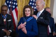 UNITED STATES - MAY 3: President Joe Biden presents former Speaker of the House Rep. Nancy Pelosi, D-Calif., a Presidential Medal of Freedom, the nation\'s highest civilian honor, in the East Room of the White House on Friday, May 3, 2024. (Tom Williams\/CQ Roll Call