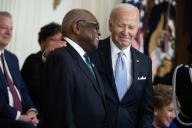 UNITED STATES - MAY 3: President Joe Biden prepares to present Rep. Jim Clyburn, D-S.C., a Presidential Medal of Freedom, the nation\'s highest civilian honor, in the East Room of the White House on Friday, May 3, 2024. (Tom Williams\/CQ Roll Call