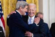UNITED STATES - MAY 3: President Joe Biden prepares to present former Sen. John Kerry, D-Mass., a Presidential Medal of Freedom, the nation\'s highest civilian honor, in the East Room of the White House on Friday, May 3, 2024. (Tom Williams\/CQ Roll Call