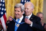 UNITED STATES - MAY 3: President Joe Biden presents former Sen. John Kerry, D-Mass., a Presidential Medal of Freedom, the nation\'s highest civilian honor, in the East Room of the White House on Friday, May 3, 2024. (Tom Williams\/CQ Roll Call