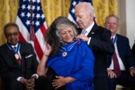 UNITED STATES - MAY 3: President Joe Biden presents Teresa Romero, president of the United Farm Workers, a Presidential Medal of Freedom, the nation\'s highest civilian honor, in the East Room of the White House on Friday, May 3, 2024. (Tom Williams\/CQ Roll Call