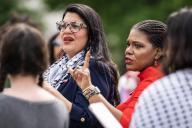 UNITED STATES - MAY 8: Reps. Rashida Tlaib, D-Mich., left, and Cori Bush, D-Mo., attend a news conference outside the U.S. Capitol with George Washington University students who were protesting the war in Gaza, on Wednesday, May 8, 2024. (Tom Williams/CQ Roll Call