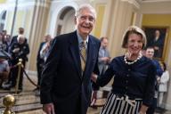 UNITED STATES - MAY 8: Senate Minority Leader Mitch McConnell, R-Ky., and Sen. Shelley Moore Capito, R-W.Va., conclude a news conference after the senate luncheons in the U.S. Capitol on Wednesday, May 8, 2024. (Tom Williams\/CQ Roll Call