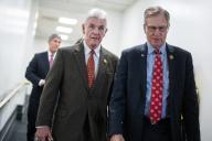 UNITED STATES - MAY 7: Reps. Roger Williams, R-Texas, left, and Brian Babin, R-Texas, leave a meeting of the House Republican Conference in the U.S. Capitol on Tuesday, May 7, 2024. (Tom Williams/CQ Roll Call
