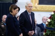 UNITED STATES - APRIL 29: Senate Minority Leader Mitch McConnell, R-Ky., and Sen. Amy Klobuchar, D-Minn., attend a ceremony for Army Col. Ralph Puckett, Jr., the last Korean War Medal of Honor recipient to pass away, as his remains lie in honor in the U.S. Capitol Rotunda on Monday, April 29, 2024. (Tom Williams/CQ Roll Call