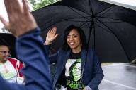 UNITED STATES - MAY 14: Angela Alsobrooks, Democratic U.S. Senate candidate from Maryland, greets voters at Lewisdale Elementary School on the stateâs primary election day in Chillum, Md., on Tuesday, May 14, 2024. (Tom Williams\/CQ Roll Call