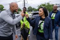 UNITED STATES - MAY 14: Angela Alsobrooks, Democratic U.S. Senate candidate from Maryland, and Gov. Wes Moore, D-Md., are seen while greeting voters at Lewisdale Elementary School on the stateâs primary election day in Chillum, Md., on Tuesday, May 14, 2024. (Tom Williams\/CQ Roll Call