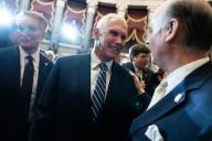 UNITED STATES - MAY 16: Former Vice President Mike Pence talks with Rep. Robert Aderholt, R-Ala., right, and Sen. James Lankford, R-Okla., left, during the unveiling ceremony for the statue of Rev. Billy Graham in the U.S. Capitolâs Statuary Hall on Thursday, May 16, 2024. (Tom Williams/CQ Roll Call