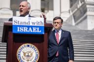 UNITED STATES - MAY 16: Speaker of the House Mike Johnson, R-La., right, and House Majority Leader Steve Scalise, R-La., conduct a news conference on the House steps of the U.S. Capitol to urge Senate Majority Leader Charles Schumer, D-N.Y., to bring a vote on the "Israel Security Assistance Support Act," on Thursday, May 16, 2024. (Tom Williams/CQ Roll Call