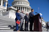 UNITED STATES - MAY 16: From right, Speaker of the House Mike Johnson, R-La., House Majority Leader Steve Scalise, R-La., House Majority Whip Tom Emmer, R-Minn., and House Republican Conference Chair Elise Stefanik, R-N.Y., conduct a news conference on the House steps of the U.S. Capitol to urge Senate Majority Leader Charles Schumer, D-N.Y., to bring a vote on the "Israel Security Assistance Support Act," on Thursday, May 16, 2024. (Tom Williams/CQ Roll Call