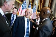 UNITED STATES - MAY 16: Former Vice President Mike Pence, talks with Rev. William Franklin Graham III, left, the son Rev. Billy Graham, and Senate Chaplain Barry Black, during the unveiling ceremony for the statue of the elder Graham in the U.S. Capitolâs Statuary Hall on Thursday, May 16, 2024. (Tom Williams\/CQ Roll Call
