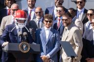 UNITED STATES - MAY 31: President Joe Biden speaks as Kansas City Chiefs players Patrick Mahomes, center, and Travis Kelce, right, look on, during an event to celebrate the Chiefsâ Super Bowl LVIII championship at the White House on Friday, May 31, 2024. (Tom Williams\/CQ Roll Call