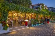 View of restaurant in Zia Sunset View at dusk, Zia Village, Kos Town, Kos, Dodecanese, Greek Islands, Greece, Europe