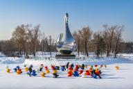 Giant snow sculpture at the Snow Sculpture Festival, Harbin, Heilongjiang, China, Asia