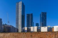 View of apartment buildings at Deansgate and crane, Manchester, Lancashire, England, United Kingdom, Europe