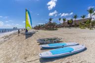 View of water sport equipment on beach at Puerto Morelos, Caribbean Coast, Yucatan Peninsula, Riviera Maya, Mexico, North America