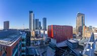 Elevated view of Deansgate apartments from Tony Wilson Place, Manchester, Lancashire, England, United Kingdom, Europe