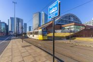 View of apartment buildings, city tram and Manchester Central Convention Complex, Manchester, Lancashire, England, United Kingdom, Europe