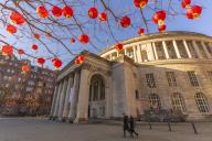 View of Chinese lanterns and Central Library in St. Peter