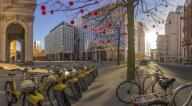 View of cycle hire, Chinese lanterns and Central Library in St. Peter