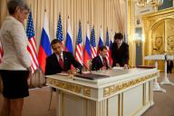 President Barack Obama and Russian President Dmitry Medvedev sign a preliminary agreement to reduce American and Russian nuclear arsenals after meetings at the Kremlin in Moscow, Russia, July 6, 2009. (Chuck Kennedy/ PSG)
