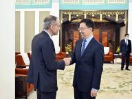 (230329) -- BEIJING, March 29, 2023 (Xinhua) -- Chinese Vice President Han Zheng meets with Schneider Electric Chairman and Chief Executive Officer Jean-Pascal Tricoire, who attends the China Development Forum 2023, in Beijing, capital of China, March 29, 2023. (Xinhua/Yin Bogu) - Yin Bogu -//CHINENOUVELLE_0853022/Credit:CHINE NOUVELLE/SIPA
