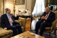 (230402) -- CAIRO, April 2, 2023 (Xinhua) -- Egyptian Foreign Minister Sameh Shoukry (R) talks with visiting Syrian Foreign Minister Faisal Mekdad in Cairo, Egypt, on April 1, 2023. Egyptian Foreign Minister Sameh Shoukry held talks on Saturday with his Syrian counterpart Faisal Mekdad who is visiting Cairo for the first time in more than a decade, said the Egyptian Foreign Ministry. (Xinhua\/Ahmed Gomaa) - Ahmed Gomaa -\/\/CHINENOUVELLE_CHINENOUVELLE0224\/Credit:CHINE NOUVELLE\/SIPA