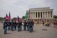 (230619) -- WASHINGTON, June 19, 2023 (Xinhua) -- Members of a Civil War re-enactment troop are seen in front of the Lincoln Memorial during Juneteenth celebrations in Washington, D.C., the United States, on June 19, 2023. Celebrated on June 19, the holiday marks the day in 1865 when Union Major General Gordon Granger issued General Order No. 3 in Galveston, Texas, emancipating the remaining enslaved people in the state. For enslaved Americans in Texas, freedom came two and a half years after President Abraham Lincoln issued the Emancipation Proclamation. (Photo by Aaron Schwartz/Xinhua) - Aaron Schwartz -//CHINENOUVELLE_CHINENOUVELLE012/Credit:CHINE NOUVELLE/SIPA