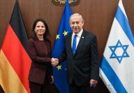 (240417) -- JERUSALEM, April 17, 2024 (Xinhua) -- Israeli Prime Minister Benjamin Netanyahu meets with German Foreign Minister Annalena Baerbock in Jerusalem, April 17, 2024. Netanyahu on Wednesday stressed Israel\'s "right to defend itself against Iran," when receiving British Foreign Secretary David Cameron and German Foreign Minister Annalena Baerbock in Jerusalem. (Maayan Toaf\/GPO\/Handout via Xinhua) - GPO -\/\/CHINENOUVELLE_XxjpbeE007345_20240417_PEPFN0A001\/Credit:CHINE NOUVELLE\/SIPA