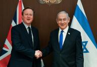 (240417) -- JERUSALEM, April 17, 2024 (Xinhua) -- Israeli Prime Minister Benjamin Netanyahu meets with British Foreign Secretary David Cameron in Jerusalem, April 17, 2024. Netanyahu on Wednesday stressed Israel\'s "right to defend itself against Iran," when receiving British Foreign Secretary David Cameron and German Foreign Minister Annalena Baerbock in Jerusalem. (Maayan Toaf\/GPO\/Handout via Xinhua) - GPO -\/\/CHINENOUVELLE_XxjpbeE007344_20240417_PEPFN0A001\/Credit:CHINE NOUVELLE\/SIPA