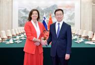 (240417) -- BEIJING, April 17, 2024 (Xinhua) -- Chinese Vice President Han Zheng meets with Tanja Fajon, deputy prime minister and foreign minister of Slovenia, at the Great Hall of the People in Beijing, capital of China, April 17, 2024. (Xinhua\/Yue Yuewei) - Yue Yuewei -\/\/CHINENOUVELLE_XxjpbeE007326_20240417_PEPFN0A001\/Credit:CHINE NOUVELLE\/SIPA