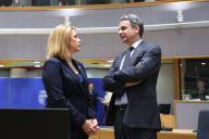 (240419) -- BRUSSELS, April 19, 2024 (Xinhua) -- Greek Prime Minister Kyriakos Mitsotakis (R) talks with Latvian Prime Minister Evika Silina during the European Council\'s special summit in Brussels, Belgium, April 18, 2024. The European Council\'s special two-day summit wrapped up here on Thursday, vowing to enhance the European Union\'s (EU) competitiveness amid the drastic global shifts, and touched upon the situation in Ukraine and the Middle East. (Xinhua\/Zhao Dingzhe) - Zhao Dingzhe -\/\/CHINENOUVELLE_chinenouvelle.0125\/Credit:CHINE NOUVELLE\/SIPA