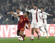 (240419) -- ROME, April 19, 2024 (Xinhua) -- Roma\'s Paulo Dybala (C) vies with AC Milan\'s Ismael Bennacer (L) and Davide Calabria during the UEFA Europa League Quarter Final 2nd leg match between Roma and AC Milan in Rome, Italy, April 18, 2024. (Photo by Augusto Casasoli\/Xinhua) - Augusto Casasoli -\/\/CHINENOUVELLE_chinenouvelle.0122\/Credit:CHINE NOUVELLE\/SIPA